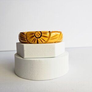 Vtg Carved Bakelite-Style Bracelet 1940s Art Deco Floral Bangle Retro Jewelry